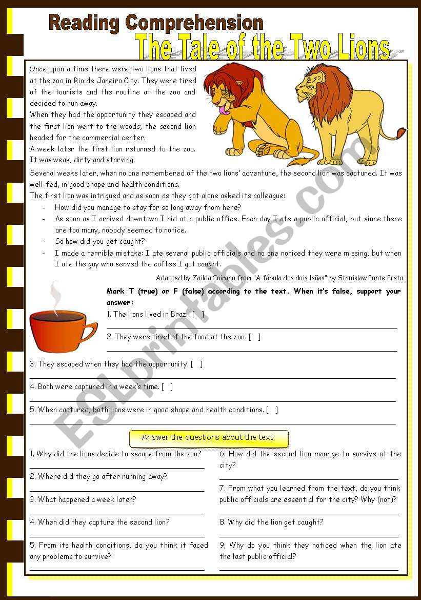 The Tale of the Two Lions â€“ reading comprehension + past simple [5 different exercises] keys included ((3 pages)) ***editable